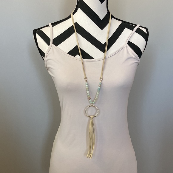 Long Faux Suede, Bead & Tassel Necklace - Picture 8 of 9